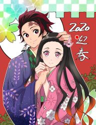 Rule 34 | 1boy, 1girl, black hair, brother and sister, brown hair, checkered clothes, checkered jacket, commentary request, earrings, fingernails, floral print, hair ribbon, hanafuda, hand on another&#039;s head, holding hands, jacket, japanese clothes, jewelry, kamado nezuko, kamado tanjirou, kimetsu no yaiba, kimono, long fingernails, looking at viewer, multicolored hair, pink ribbon, print kimono, purple eyes, purple kimono, red eyes, ribbon, san mon, scar, scar on face, scar on forehead, sharp fingernails, siblings, smile, two-tone hair, upper body