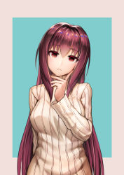 Rule 34 | 1girl, alternate costume, arm behind back, blush, breasts, closed mouth, colored eyelashes, commentary request, fate/grand order, fate (series), finger to cheek, head tilt, large breasts, long hair, long sleeves, looking at viewer, purple hair, red eyes, scathach (fate), shoron, solo, straight hair, sweater, two-tone background, upper body, very long hair, white sweater