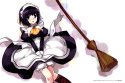 Rule 34 | 1girl, absurdres, apron, black hair, blue eyes, breasts, brooch, broom, copyright name, freckles, highres, jewelry, large breasts, lossy-lossless, maid, maid apron, maid headdress, non-web source, official art, own hands clasped, own hands together, short hair, siesta (zero no tsukaima), simple background, solo, underwear, usatsuka eiji, white background, zero no tsukaima