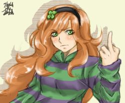 Rule 34 | 1girl, 4chan, artist name, aterumichino, blush, clover, clover hair ornament, four-leaf clover, green eyes, hair ornament, hairband, hood, hoodie, long hair, looking at viewer, middle finger, orange hair, sidelocks, simple background, sketch, solo, striped clothes, striped hoodie, upper body, vivian james, white background