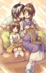 Rule 34 | 1boy, 2girls, age difference, black hair, blush, book, brown eyes, brown hair, child, closed eyes, couch, cushion, family, father and daughter, feet, hand on shoulder, holding, holding book, husband and wife, jewelry, kiss, knitting, matching hair/eyes, mil (xration), mother and daughter, multiple girls, one eye closed, open mouth, pillow, pregnant, ring, sandals, sitting, size difference, socks, wedding band