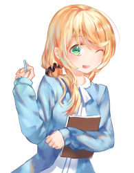 Rule 34 | 1girl, ;d, azomo, blonde hair, book, hugging book, chalk, ellen baker, green eyes, highres, holding, holding book, long hair, looking at viewer, low ponytail, new horizon, hugging object, one eye closed, open mouth, ponytail, scrunchie, simple background, smile, solo, white background