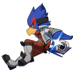 Rule 34 | 1boy, beak, bird boy, bird tail, blue eyes, closed mouth, commentary, english commentary, falco lombardi, full body, furry, furry male, grey jacket, jacket, long sleeves, male focus, nintendo, open clothes, open jacket, pruh, simple background, solo, star fox, tail, white background