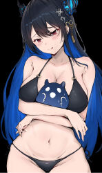 Rule 34 | 1girl, :q, arms under breasts, bikini, black background, black bikini, blue hair, breasts, colored inner hair, commentary, demon horns, groin, hair between eyes, hair ornament, hololive, hololive english, horns, jailbird (nerissa ravencroft), large breasts, long hair, looking at viewer, mole, mole under eye, multicolored hair, navel, nerissa ravencroft, red eyes, sak1 01, shadow (nerissa ravencroft), smile, solo, swimsuit, tongue, tongue out, two-tone hair, virtual youtuber