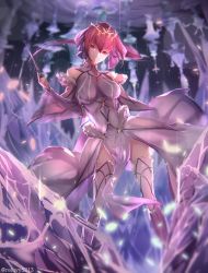 Rule 34 | 1girl, bare shoulders, blurry, blurry background, boots, breasts, closed mouth, contrapposto, detached sleeves, dress, fate/grand order, fate (series), floating hair, fur trim, gem, hair between eyes, highres, holding, holding wand, jewelry, large breasts, light particles, light smile, long hair, long sleeves, looking at viewer, necklace, pantyhose, pelvic curtain, purple dress, purple hair, red eyes, red gemstone, reluvy, scathach (fate), scathach skadi (fate), scathach skadi (third ascension) (fate), smile, solo, thigh boots, thighhighs, tiara, twitter username, wand, white dress, white footwear, wide sleeves, wind, wind lift