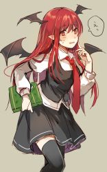 Rule 34 | 1girl, bat wings, black thighhighs, blush, book, colorized, head wings, jpeg artifacts, koakuma, long hair, long sleeves, looking at viewer, necktie, open mouth, pointy ears, puffy sleeves, red eyes, red hair, red necktie, shirt, simple background, sketch, skirt, skirt set, solo, speech bubble, sweatdrop, text focus, thighhighs, touhou, vest, wings, yunomachi, zettai ryouiki