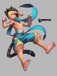 Rule 34 | 1boy, abs, absurdres, animal ears, bad id, bad pixiv id, barefoot, black hair, blush, brown eyes, cat boy, cat ears, cat tail, chromatic aberration, draugnut, fang, feet, headband, highres, humanization, male focus, nipples, open mouth, original, scarf, shorts, simple background, soles, solo, tail, tan, toes, topless male
