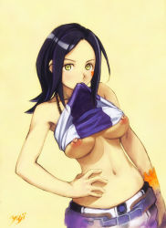 Rule 34 | 00s, 1girl, bare shoulders, belt, black hair, breasts, breasts apart, brown gloves, clothes lift, collarbone, eureka seven, eureka seven (series), facial mark, female focus, forehead, gloves, hand on own hip, highres, kobayashi yuji, long hair, long image, looking at viewer, miniskirt, mouth hold, navel, nipple slip, nipples, no bra, shade, shirt lift, signature, simple background, single glove, skirt, solo, standing, strapless, talho yuuki, tall image, tattoo, tube top, underboob, upper body, yellow background, yellow eyes
