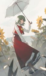 Rule 34 | 1girl, absurdres, ascot, collared shirt, commentary, dutch angle, field, flower, flower field, full body, green hair, hand up, highres, holding, holding umbrella, kazami yuuka, long skirt, long sleeves, looking at viewer, medium hair, open mouth, outdoors, qizhongji, red eyes, red skirt, red vest, shirt, skirt, sky, smile, socks, solo, sunflower, sunflower field, touhou, umbrella, vest, white footwear, white shirt, white sky, white socks, yellow ascot