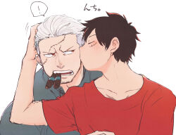 Rule 34 | !, 2boys, blush, closed eyes, facial hair, kiss, kissing cheek, male focus, mature male, monkey d. luffy, multiple boys, one piece, scar, scar on face, scar on forehead, shirt, short hair, smoker (one piece), sparse stubble, spoken exclamation mark, stitches, stubble, surprise kiss, surprised, t-shirt, tsurime, upper body, white hair, yamakazi47, yaoi