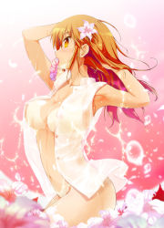 Rule 34 | 1girl, akabane iori, armpits, bottomless, breasts, brown hair, flower, hair flower, hair ornament, kyou ami!, large breasts, long hair, mouth hold, navel, nipples, porurin (do-desho), see-through, shiny skin, shirt, solo, tan, tanline, wet, wet clothes, wet shirt