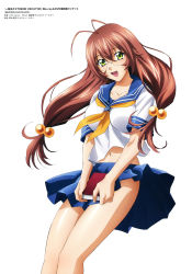 Rule 34 | 00s, 1girl, absurdres, antenna hair, ass, blouse, blue skirt, book, breasts, brown hair, clothes lift, collarbone, copyright name, from side, glasses, green eyes, hair between eyes, hair bobbles, hair ornament, head tilt, highres, holding, holding book, ikkitousen, large breasts, legs together, long hair, looking at viewer, miniskirt, navel, neckerchief, official art, open mouth, pleated skirt, ryuubi gentoku, school uniform, serafuku, shiny skin, shirt, simple background, skirt, smile, solo, standing, very long hair, white background, white shirt, wide hips, yellow neckerchief