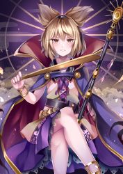 Rule 34 | 1girl, absurdres, anklet, beige dress, belt, blonde hair, bracelet, cape, cloud, crossed legs, earmuffs, falling petals, feet out of frame, gold trim, hair between eyes, highres, holding rod, jewelry, koizumo, looking at viewer, nail polish, parted lips, petals, pointy hair, purple cape, purple nails, purple skirt, ritual baton, short hair, sitting, skirt, slit pupils, smile, solo, sword, touhou, toyosatomimi no miko, weapon, yellow eyes