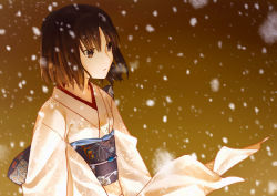 Rule 34 | 1girl, ayaorin, brown eyes, brown hair, japanese clothes, kara no kyoukai, kimono, obi, ryougi shiki, sash, snowing, solo