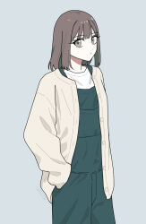 Rule 34 | 1girl, :o, brown cardigan, brown eyes, brown hair, cardigan, commentary request, green overalls, grey background, hand in pocket, highres, long sleeves, looking at viewer, medium hair, open cardigan, open clothes, original, sakashima 0822, shirt, signature, simple background, solo, white shirt