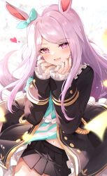 Rule 34 | 1girl, absurdres, animal ears, armband, blush, commentary request, hair ornament, hands on own cheeks, hands on own face, heart, highres, horse ears, horse tail, long hair, looking at viewer, mejiro mcqueen (umamusume), midriff peek, navel, purple eyes, purple hair, ribbon, shirt, simple background, sky cappuccino, solo, striped clothes, striped shirt, tail, umamusume, white background