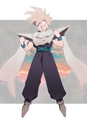 Rule 34 | 1boy, blonde hair, cape, clenched hands, cloud, dragon ball, dragonball z, frown, full body, furrowed brow, green eyes, male focus, s 3u, serious, shoulder pads, solo, son gohan, super saiyan, super saiyan 1, white cape
