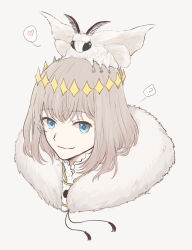 Rule 34 | 1boy, ?, asa yaroo, blanca (fate), blue eyes, bug, butterfly wings, cape, cloak, closed mouth, crown, fate/grand order, fate (series), fur-trimmed cloak, fur collar, fur trim, grey background, grey hair, hair between eyes, hair ornament, heart, highres, insect, insect wings, jewelry, looking at viewer, medium hair, moth, oberon (fate), on head, simple background, smile, spoken heart, tiara, upper body, wings
