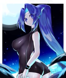 Rule 34 | 1girl, blue eyes, blue hair, bracelet, breasts, hair intakes, highres, jewelry, large breasts, long hair, looking at viewer, one-piece swimsuit, original, ponytail, swimsuit, thick thighs, thighs, usa37107692