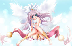 Rule 34 | 1girl, :c, barefoot, bikini, blue eyes, blush, bow, bracer, breasts, cleavage, closed mouth, commentary request, dated commentary, feathered wings, full body, gem, heart, kawagoe pochi, large bow, large breasts, lens flare, long hair, looking at viewer, pink hair, ragnarok online, red bow, red gemstone, solo, swimsuit, wanderer (ragnarok online), white bikini, white wings, wings