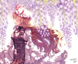 Rule 34 | 1girl, arms at sides, blonde hair, blurry, blush, bow, breasts, closed eyes, colored eyelashes, commentary request, cowboy shot, day, depth of field, dress, eyelashes, facing to the side, flame print, floating hair, flower, frilled dress, frills, hair bow, hat, hat ribbon, highres, kemo chiharu, large breasts, long hair, long sleeves, mob cap, red bow, red ribbon, ribbon, sidelocks, signature, simple background, smile, tabard, touhou, tree shade, trigram, very long hair, white background, white dress, white hat, wide sleeves, wind, wisteria, yakumo yukari, yin yang, yin yang print