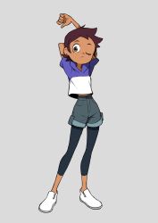 Rule 34 | 1girl, brown hair, closed mouth, dark-skinned female, dark skin, earrings, full body, highres, hood, jewelry, leggings under shorts, looking at viewer, luz noceda, one eye closed, short hair, short shorts, shorts, simple background, solo, standing, stretching, the owl house, very short hair, yoshi (moco1)