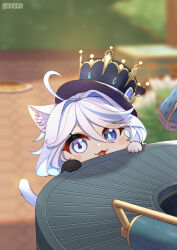 Rule 34 | 1girl, :3, :d, absurdres, ahoge, animal ear fluff, animal ears, asymmetrical gloves, blue eyes, blurry, blush stickers, cat ears, cat girl, cat tail, chibi, chibi only, commentary request, dd che shen, depth of field, furina (genshin impact), game screenshot background, genshin impact, gloves, hair between eyes, hat, highres, kemonomimi mode, long sleeves, looking at viewer, medium hair, mismatched gloves, multicolored hair, open mouth, peeking out, sidelocks, smile, solo, streaked hair, table, tail, top hat, two-tone hair, white hair