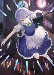 Rule 34 | 1girl, apron, arm up, back bow, between fingers, black footwear, blue dress, blue eyes, bow, braid, breasts, clock, clock tower, commentary request, danmaku, dress, frilled dress, frills, full moon, green neckwear, green ribbon, hair ribbon, high heels, highres, holding, holding knife, izayoi sakuya, knife, knives between fingers, lips, looking at viewer, maid, maid apron, maid headdress, medium breasts, moon, night, open mouth, puffy short sleeves, puffy sleeves, remitei03, ribbon, sash, scarlet devil mansion, serious, shirt, short hair, short sleeves, silver hair, socks, solo, thighs, touhou, tower, tress ribbon, twin braids, white sash, white shirt, white socks, wrist cuffs