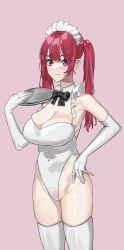 Rule 34 | breasts, character request, fffukuzawa, gloves, highres, holding, large breasts, red hair, tagme, thighhighs, tray