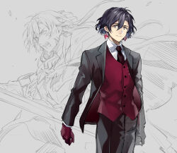 Rule 34 | 1boy, armor, black hair, black jacket, black necktie, black pants, black suit, blood, blood on face, cloak, collared shirt, constantine xi (fate), cowboy shot, earrings, fang, fate/grand order, fate (series), formal, furrowed brow, gloves, grey background, grey eyes, hair between eyes, heki0529, jacket, jewelry, long hair, looking ahead, looking at viewer, male focus, multiple views, necktie, open mouth, pants, partially colored, red gloves, red vest, shards, shirt, short hair, smile, suit, suit jacket, sword, teeth, vest, weapon, white shirt