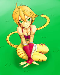 Rule 34 | 1girl, animal ears, bare shoulders, breasts, breath of fire, breath of fire ii, capcom, cat ears, cat tail, furry, furry female, green eyes, highres, no panties, no pants, orange hair, pointy ears, rinpoo chuan, short hair, solo, striped, tail, white background