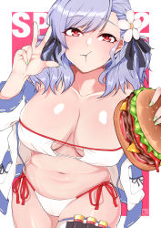 Rule 34 | 1girl, :t, absurdres, asymmetrical bangs, bare shoulders, belly, bikini, black ribbon, breasts, burger, character name, chewing, cleavage, collarbone, commentary, cowboy shot, curvy, eating, english commentary, eyepatch bikini, flower, food, girls&#039; frontline, hair flower, hair ornament, hair ribbon, highres, holding, holding food, jacket, large breasts, looking at viewer, nail polish, navel, nello kun, off shoulder, official alternate costume, open clothes, open jacket, plump, red eyes, ribbon, shiny skin, short twintails, side-tie bikini bottom, signature, silver hair, skindentation, solo, spas-12 (girls&#039; frontline), spas-12 (midsummer fruit) (girls&#039; frontline), strapless, strapless bikini, swimsuit, symbol-only commentary, thick thighs, thigh strap, thighs, twintails, wide hips