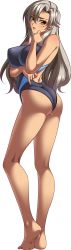 Rule 34 | 1girl, ass, bare shoulders, barefoot, bishop (company), blonde hair, blush, competition swimsuit, curvy, dark-skinned female, dark skin, full body, game cg, grey hair, hair between eyes, highleg, highleg swimsuit, highres, kagami hirotaka, lipstick, long hair, looking at viewer, makeup, mesu kyoushi 3, mizusawa chisato, mole, mole under eye, one-piece swimsuit, open mouth, simple background, solo, standing, swimsuit, tachi-e, transparent background, yellow eyes