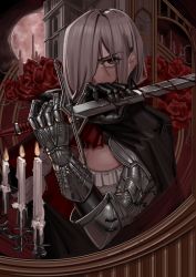 Rule 34 | 1girl, absurdres, armor, ascot, backlighting, black cape, blood, bloody weapon, braid, building, candle, candlestand, cape, cathedral, fantasy, female focus, flower, full moon, gauntlets, grey hair, hair behind ear, hair over one eye, harris hero, highres, holding, holding sword, holding weapon, long bangs, looking at viewer, moon, night, original, pauldrons, red eyes, rose, serious, shoulder armor, single braid, solo, sword, thorns, weapon, yuri crimson
