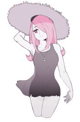 Rule 34 | 10s, 1girl, boogy (mnmnjuguna), dress, hair over one eye, hat, highres, jewelry, limited palette, little witch academia, necklace, pink eyes, pink hair, short dress, simple background, solo, straw hat, sucy manbavaran, sun hat