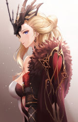 Rule 34 | 1girl, bare shoulders, blonde hair, blue eyes, breasts, cape, commentary, crown, dress, earrings, from side, fur trim, genshin impact, gradient background, jewelry, long hair, looking at viewer, lunacle, medium breasts, off shoulder, parted lips, profile, signora (genshin impact), solo, upper body, white dress