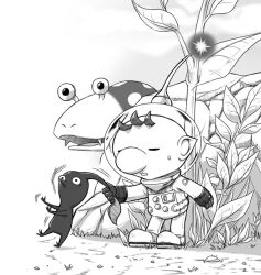 Rule 34 | 1boy, big nose, bulborb, buttons, closed eyes, commentary request, creature, fangs, full body, gloves, greyscale, helmet, holding, holding creature, leaf, looking at another, monochrome, motion lines, naru (wish field), nintendo, no mouth, nostrils, olimar, open mouth, outdoors, patch, pikmin (creature), pikmin (series), plant, pointy ears, pointy nose, radio antenna, red pikmin, rock, shadow, short hair, space helmet, spacesuit, sweatdrop, very short hair, wide-eyed