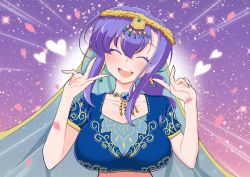 Rule 34 | 1girl, blue shirt, blush, breasts, circlet, closed eyes, collarbone, crop top, double v, earrings, emotional engine - full drive, fate/grand order, fate (series), gradient background, hair between eyes, hands up, heart, indian clothes, jewelry, large breasts, long hair, matou sakura, necklace, niwacho, open mouth, parody, parvati (fate), pendant, petals, ponytail, purple background, purple hair, shirt, short sleeves, sidelocks, smile, solo, sparkle, v, veil