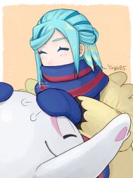 Rule 34 | 1boy, blue mittens, blue scarf, blush, border, cetoddle, closed eyes, commentary request, creatures (company), eyelashes, game freak, green hair, grusha (pokemon), jacket, long sleeves, male focus, medium hair, mittens, nintendo, orange background, outside border, petting, pokemon, pokemon (creature), pokemon sv, scarf, scarf over mouth, signature, striped clothes, striped scarf, white border, yellow jacket, yuu (hguy sv)