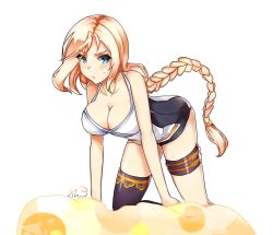 Rule 34 | 1girl, all fours, blonde hair, blue eyes, blush, braid, breasts, cleavage, elsword, freyja (elsword), large breasts, long hair, looking at viewer, ponytail, rose (elsword), solo, thighhighs, trash, white background