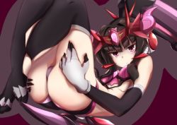 Rule 34 | 1girl, ass, black gloves, black hair, black thighhighs, blunt bangs, blush, bnb (18750408), breasts, commentary request, elbow gloves, frown, gloves, headgear, highres, knees up, long hair, looking at viewer, pink eyes, revealing clothes, senki zesshou symphogear, senki zesshou symphogear xd unlimited, simple background, small breasts, solo, thighhighs, tsukuyomi shirabe, twintails