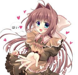 Rule 34 | 1girl, ahoge, alternate costume, apron, asakura otome, blue eyes, blush, bow, brown dress, brown hair, commentary request, da capo, da capo ii, dress, enmaided, floating hair, frilled dress, frills, hair between eyes, hair bow, hair intakes, heart, highres, holding, holding clothes, holding dress, kayura yuka, long hair, long sleeves, looking at viewer, maid, maid apron, open mouth, outstretched arm, pink bow, simple background, smile, solo, spoken heart, translation request, white background
