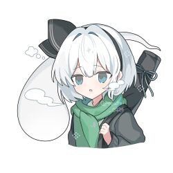 Rule 34 | 1girl, alternate costume, black hairband, black jacket, black ribbon, black sleeves, blue eyes, breath, commentary request, ghost, green scarf, grey ribbon, hair ribbon, hairband, highres, holding strap, jacket, konpaku youmu, konpaku youmu (ghost), light blush, long sleeves, looking ahead, open clothes, open jacket, parted lips, ribbon, scarf, sheath, sheathed, shirocha tei, shirt, short hair, simple background, solo, sparkle, sweater jacket, touhou, twitter username, upper body, weapon, weapon on back, white background, white hair, white shirt, winter clothes