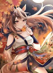 Rule 34 | 1girl, absurdres, animal ears, autumn leaves, blue choker, blurry, blurry foreground, brown hair, chest sarashi, choker, commentary request, depth of field, highres, horse ears, horse girl, japanese clothes, kimono, long hair, long sleeves, looking at viewer, multicolored hair, narusawa (njzc2582), official alternate costume, open mouth, outdoors, purple eyes, sarashi, smile, solo, standing, streaked hair, symboli rudolf (archer of the white moon) (umamusume), symboli rudolf (umamusume), tree, umamusume, white hair, white kimono, wide sleeves