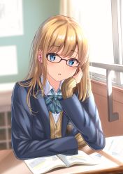 Rule 34 | 1girl, :o, black-framed eyewear, blazer, blonde hair, blue bow, blue bowtie, blue eyes, blue jacket, blurry, blurry background, blush, book, bow, bowtie, brand name imitation, burenbo, cardigan, classroom, collared shirt, commentary request, day, depth of field, desk, earphones, eraser, glasses, hand up, head rest, head tilt, indoors, jacket, long hair, long sleeves, looking at viewer, open book, open clothes, open jacket, original, parted lips, pen, school desk, shirt, sidelocks, sleeves past wrists, solo, striped bow, striped bowtie, striped clothes, striped neckwear, tombow mono, undershirt, white shirt, window, wing collar
