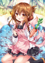 Rule 34 | 10s, 1girl, :d, apron, black skirt, black socks, blush, brown eyes, brown hair, carrot, folded ponytail, food, frilled apron, frills, hair between eyes, hand up, holding, holding food, inazuma (kancolle), kantai collection, kneehighs, ladle, long hair, looking at viewer, miniskirt, nogi takayoshi, open mouth, pink apron, pleated skirt, sidelocks, sitting, skirt, smile, socks, solo, vegetable