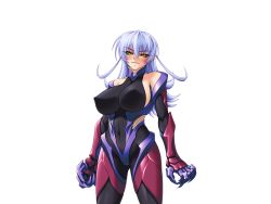Rule 34 | 00s, 1girl, alternate eye color, alternate hair color, black sclera, blush, bodysuit, breasts, claws, colored sclera, covered erect nipples, covered navel, female focus, fishnets, game cg, hair between eyes, head tilt, igawa asagi, kagami hirotaka, large breasts, lilith-soft, long hair, looking at viewer, silver hair, simple background, skin tight, slit pupils, solo, standing, taimanin (series), taimanin asagi, taimanin asagi 2 inbo no tokyo kingdom, thigh gap, white background, yellow eyes