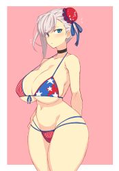 Rule 34 | 1girl, absurdres, american flag bikini, american flag print, arms behind back, asymmetrical hair, bikini, blue eyes, blush, breasts, bun cover, choker, cleavage, commentary request, curvy, fate/grand order, fate (series), flag print, grey hair, hair bun, highres, ishibori eregomos, large breasts, long hair, looking at viewer, looking to the side, miyamoto musashi (fate), miyamoto musashi (fate/grand order), miyamoto musashi (swimsuit berserker) (fate), miyamoto musashi (swimsuit berserker) (second ascension) (fate), multicolored clothes, multicolored swimsuit, navel, pink background, print bikini, print swimsuit, side bun, single hair bun, single hair intake, single side bun, single sidelock, solo, standing, swept bangs, swimsuit, thick thighs, thighs, underboob, wide hips