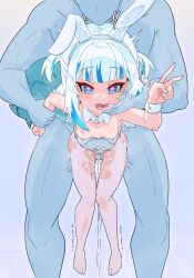 Rule 34 | 1boy, 1girl, animal ears, blue eyes, blue hair, blunt bangs, blush, breasts, commission, cum, cumdrip, dangling legs, fake animal ears, fins, fish tail, gawr gura, heart, heart-shaped pupils, hetero, highres, hololive, hololive english, leotard, lifting person, looking at viewer, moral cacoethes, multicolored hair, nipples, open mouth, playboy bunny, rabbit ears, sex, sex from behind, shark girl, shark tail, sharp teeth, small breasts, solo focus, standing, standing sex, streaked hair, symbol-shaped pupils, tail, teeth, virtual youtuber
