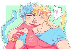Rule 34 | !, 2boys, animal ears, artist name, bare shoulders, battle tendency, blonde hair, blue hair, blue shirt, caesar anthonio zeppeli, cat boy, cat day, cat ears, cat tail, catneylang, clenched teeth, collarbone, commentary, english commentary, extra ears, closed eyes, facial mark, fang, feather hair ornament, feathers, fingerless gloves, gloves, green eyes, hair ornament, halftone, hand on another&#039;s shoulder, hand up, headband, highres, jojo no kimyou na bouken, joseph joestar, joseph joestar (young), kemonomimi mode, large pectorals, licking, licking another&#039;s face, looking at another, male focus, motion lines, multiple boys, one eye closed, outline, pectorals, red gloves, screentones, shirt, short hair, short sleeves, single strap, sleeveless, spoken exclamation mark, surprised, symbol-only commentary, t-shirt, tail, teeth, triangle print, watermark, white outline